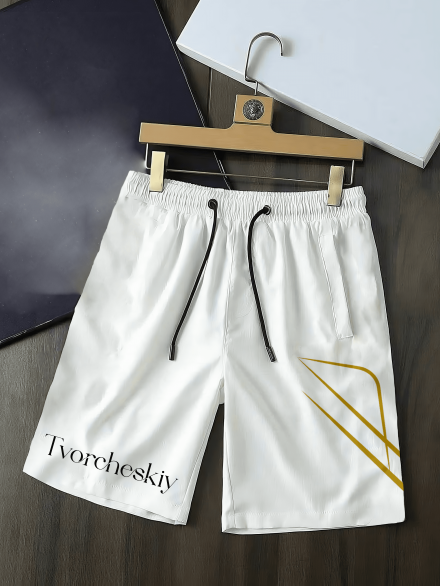 white shorts for men from tvorcheskiy hanged over a table